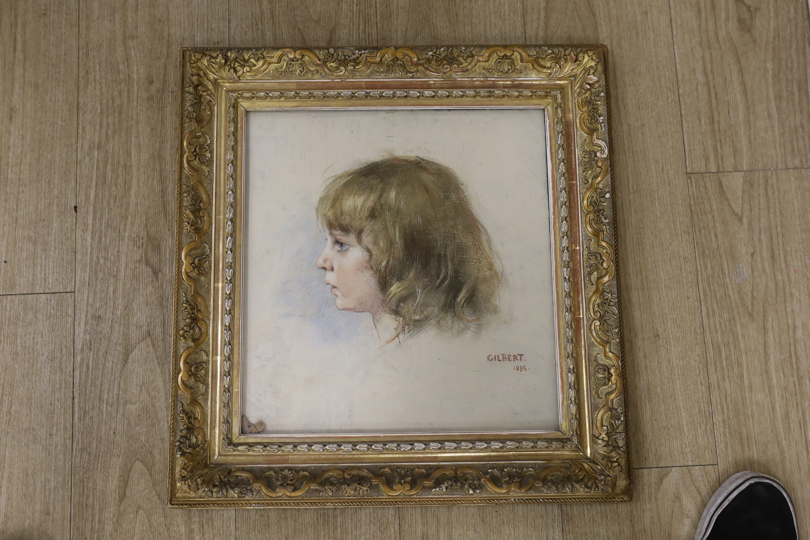Rene Joseph Gilbert (French, 1857-1914), pastel and oil on board, Head study of a young girl, signed and dated 1885, ER632 stencil verso, 37 x 35cm, ornate gilt framed